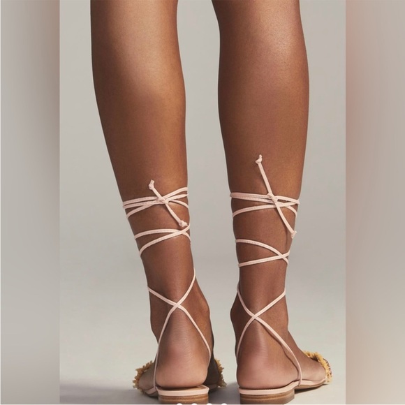 Anthropologie Jewel Embellished Tie Up Pink/Rose Raffia Square Toe Sandals Sz 40 - Picture 5 of 11